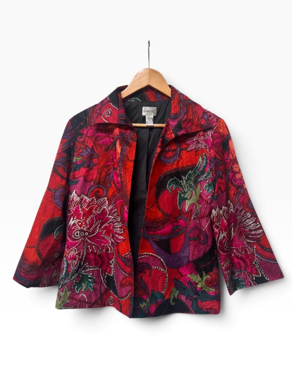 Chico's Vibrant Silk Paisley Floral Open Front Blazer Jacket | Size 1 (M)